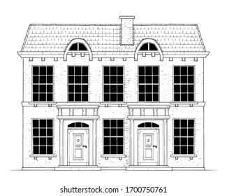 Drawing of classic terrace house - black and white illustration