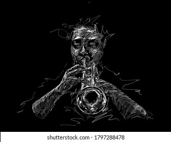 Drawing of the classical musician playing trumpet in her hands. White sketch drawing.