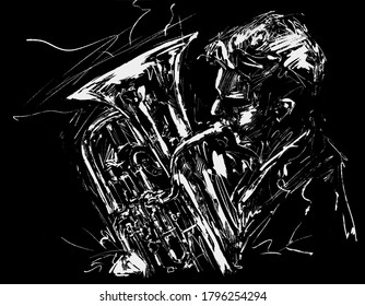 Drawing of the classical musician plays trumpet hand draw 