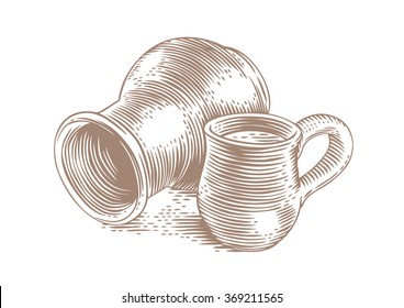 Drawing of a clay stein and clay crock with milk on the white