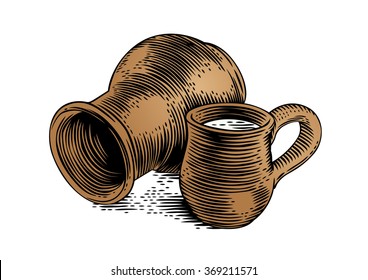 Drawing of a clay stein and clay crock with milk on the white