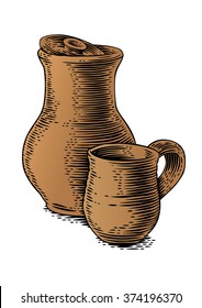 Drawing of a clay stein and clay crock on the white