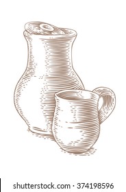 Drawing of a clay stein and clay crock on the white