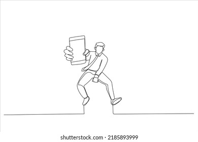 Drawing of closeup of smartphone with blank screen in jumping. Single line art style
