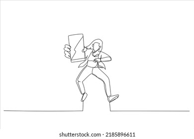 Drawing of closeup of smartphone with blank screen in jumping. Single line art style
