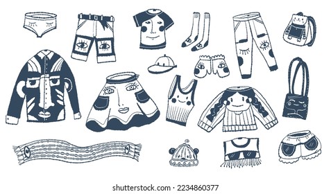 Dibujo de ropa con huellas en el estilo de doodle. Ilustración vectorial.