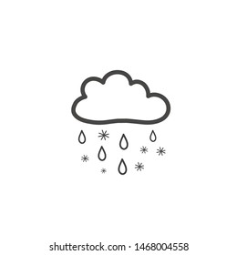 Drawing cloud with rain and snow. Symbol of weather. Vector hand drawn illustration in doodle style