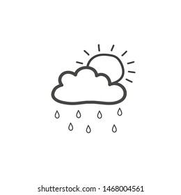 Drawing cloud with rain and sun. Symbol of rainy weather. Vector hand drawn illustration in doodle style