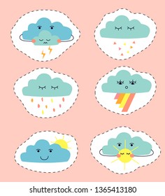 Drawing of clouds in the form of stickers. Set of cute cartoon clouds: rain cloud; thunder cloud; cloud witn sun; cloud with rainow. Art can be used for children books, printing, wallpaper. 