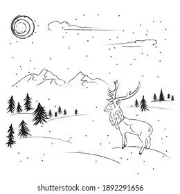 Drawing Coal - Winter Forest, Mountains, Reindeer. Christmas Holiday Forest and Snow. Vector