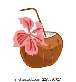 dibujo de una bebida de coco. ilustración plana de una refrescante bebida tropical de verano con paja. El calor de la playa