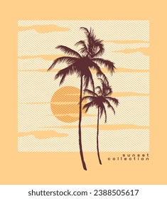 Drawing of coconut trees with geometric background. Editable vector art.