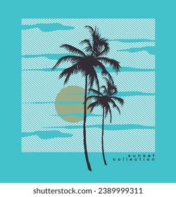 Drawing of coconut trees with geometric background. Editable vector art.