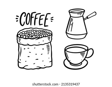 Drawing coffee doodle set elements. Vintage style black color line art vector illustration.