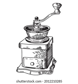 drawing coffee grinder sketch, vector image isolated on a white background