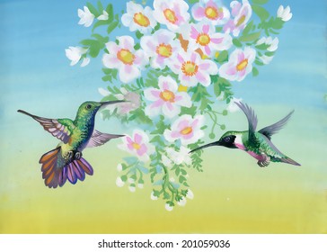 Drawing of colibri bird and flowers vector