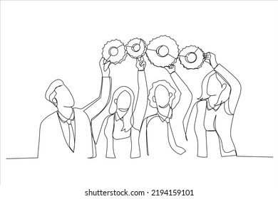 Drawing of colleagues connect cog gear find business solution. Happy employees workers hold cogwheel engaged in teamwork. Single line art style
