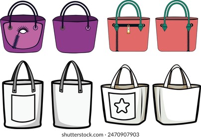 a drawing of a collection of handbags tote bags with a star on the top.