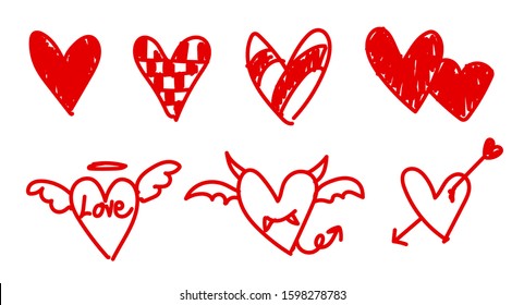 drawing collection of hearts with decoration design, angle and devil, digital hand draw of kid with love sign, many meaning of love creation red and white color, cartoon of heart in many character