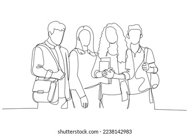 Drawing of college students standing, posing, and looking at camera, holding books. Continuous line art style
