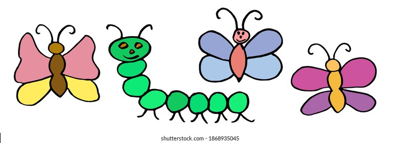 Kid’s drawing. Color butterflies and caterpillar hand drawn. Vector illustration.