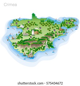 Drawing of color Crimea tourist map. Vector illustration