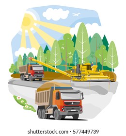 Drawing color dump trucks construction of the road, vector illustration