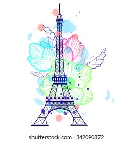 Drawing color Eiffel Tower in Paris, France. Flower background