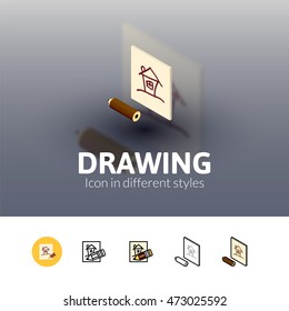 Drawing color icon, vector symbol in flat, outline and isometric style isolated on blur background
