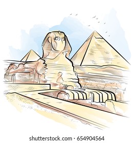 Drawing color pyramids and Sphinx in Giza, Egypt. Vector illustration