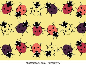 Drawing color vector isolated red, orange, yellow and violet ladybugs on light yellow background