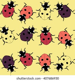 Drawing color vector isolated red, orange, yellow and violet ladybugs on light yellow background pattern