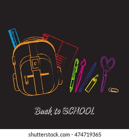 Drawing colored chalk school supplies. Back to school. Education concept. Vector illustration.