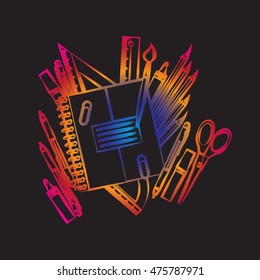 Drawing colored school supplies. Back to school. Education concept. Vector illustration.