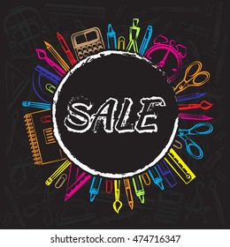 Drawing colored school supplies. Sale. Back to school. Education concept. Vector illustration.