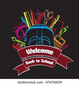 Drawing colored school supplies. Welcome back to school. Education concept. Vector illustration.