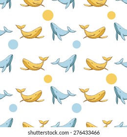 Drawing colorful doodle whales seamless pattern background