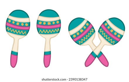 Drawing of colorful maraca rattles. Latin American musical instruments made with gourd and seeds. Vector illustration isolated on white background.