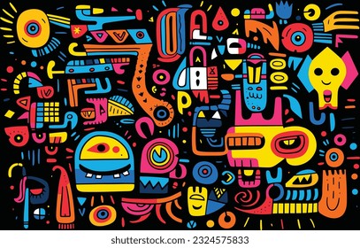 drawing with colorful shapes on black, in the style of playful cartoon illustrations, bold texture, animals and people, illustration, foampunk