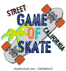 Drawing colorful slogans for t-shirt print game of skate vector. Skate background. Illustrations with cool slogans for t-shirt design. Flat style — Vector illustration. Trendy Urba.