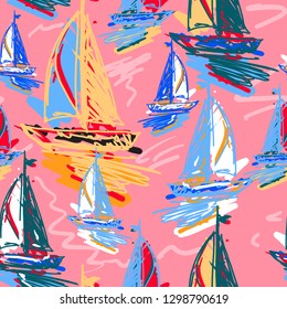 Drawing colorful wind surf seamless pattern vector. t shirt design. Summer beach surfing illustration ocean background. Flat style —Vector