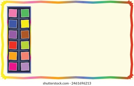 Drawing and Coloring Board for kids and twelve colors Tray with lightning twisted boarder isolated on soft white background. Editable vector EPS available