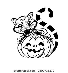 Drawing coloring book scary cat and pumpkin, Freehand drawing, isolate on a white background. Vector