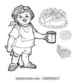Drawing for coloring boy with cake and pastries