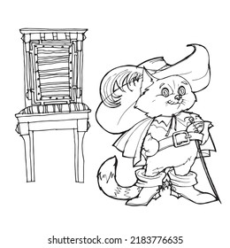 Drawing for coloring cat in a hat and boots