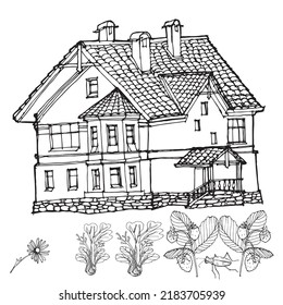 Dibujo de una casa de colores construida con piedras