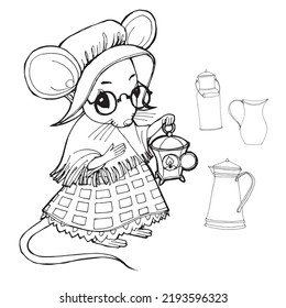 Drawing for coloring mouse-grandmother with a lantern