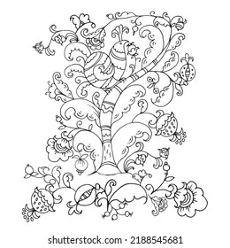 Drawing for coloring pattern with tree of life and bird of paradise