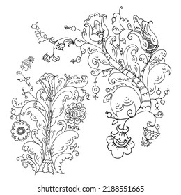 Drawing for coloring pattern with tree of life and bird of paradise