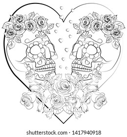 drawing for coloring with a skull on the background of the heart, a symbol of the traditional Mexican holiday Day of the dead and the day of the angel
